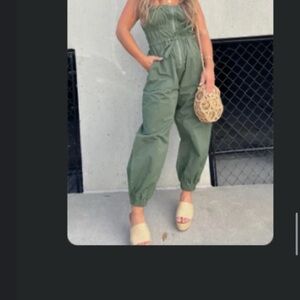 Pink Laura Ruched Elastic Front Zipper Cargo Jumpsuit Olive Green Women’s Small